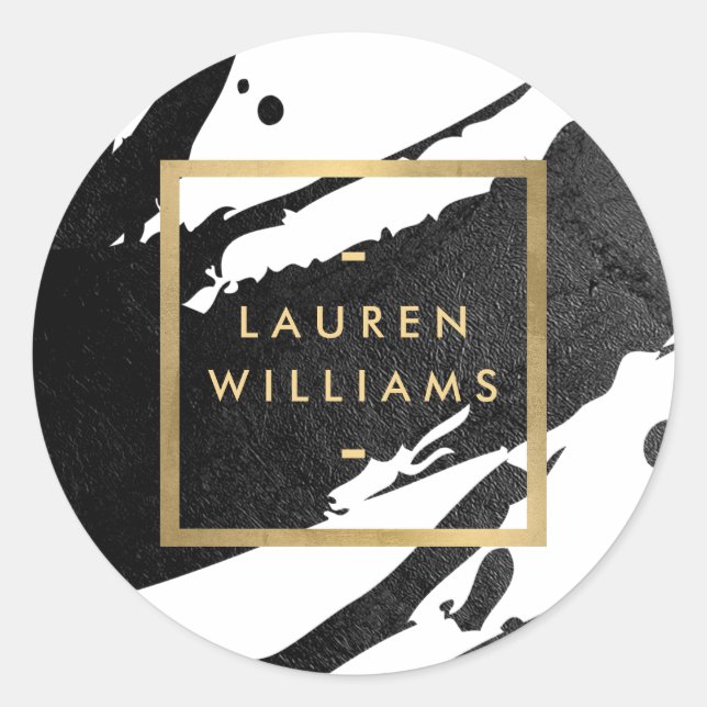 Pegatina Redonda Pinceladas de Tinta Negra Abstracta (Anverso)