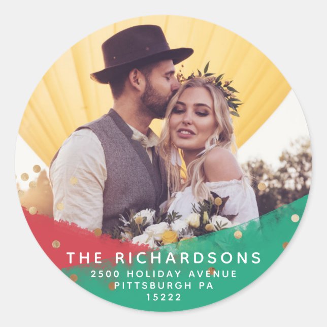 Pegatina Redonda Pinceles modernos | Dirección y foto de Navidades (Anverso)