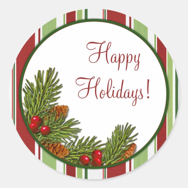 Pegatina Redonda Pine Boughs Holly Stripes Navidades Pegatinas de N (Anverso)