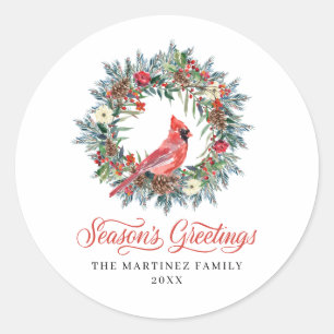 Pegatina Redonda Pine Holly Wreath Cardinal Navidades Classic Round