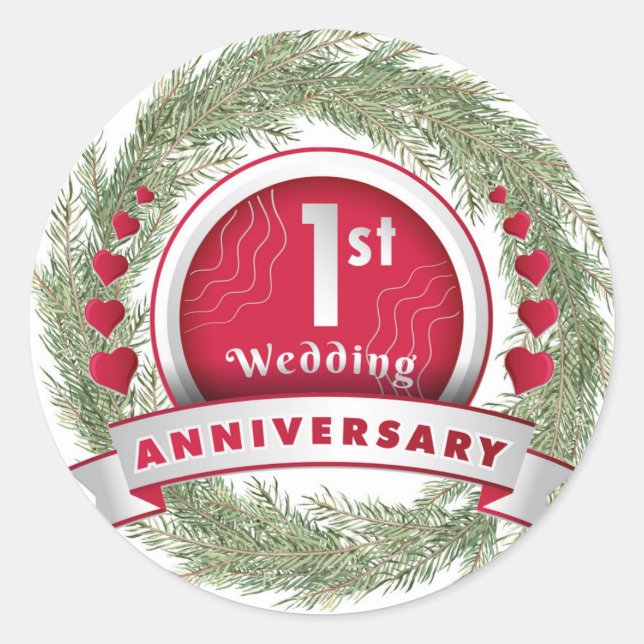 Pegatina Redonda Pine Needle Wreath Red Primer Aniversario Boda (Anverso)
