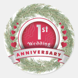 Pegatina Redonda Pine Needle Wreath Red Primer Aniversario Boda