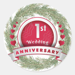 Pegatina Redonda Pine Needle Wreath Red Primer Aniversario Boda