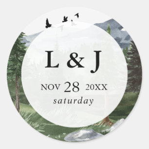 Pegatina Redonda Pine Tree Forest Watercolor Tema Favor de la Boda