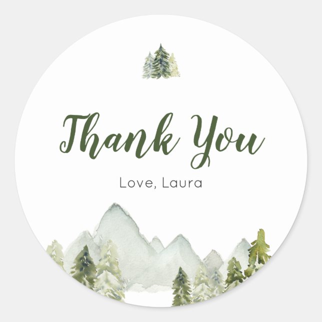 Pegatina Redonda Pine Tree Rustic Adventure Baby Shower (Anverso)