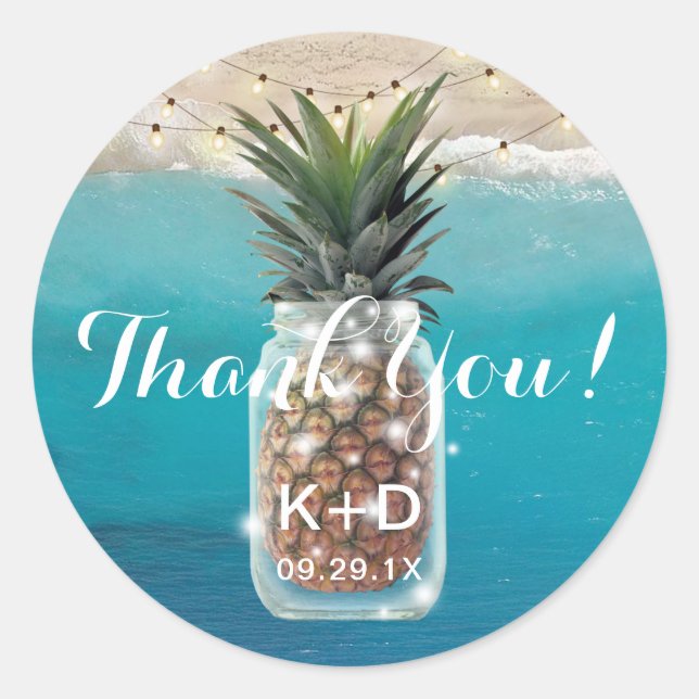 Pegatina Redonda Pineapple Mason Jar Beach Wedding Gracias (Anverso)