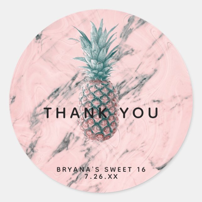 Pegatina Redonda Pineapple Pink Marble Swirl Modern Party Favor (Anverso)