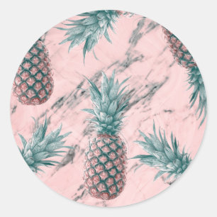 Pegatina Redonda Pineapple Pink Marble Swirl Modern Party Favor