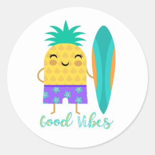 Pegatina Redonda Pineapple Surfing Surfing Summer Good Vibes