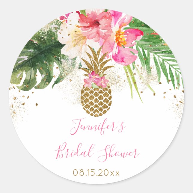 Pegatina Redonda Pineapple Tropical Floral Bridal Shower (Anverso)
