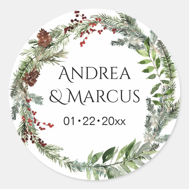 Pegatina Redonda Pinecone Greenery Boda Wreath (Anverso)