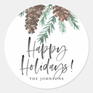 Pegatina Redonda Pinecone Watercolor Happy Holidays Family Name