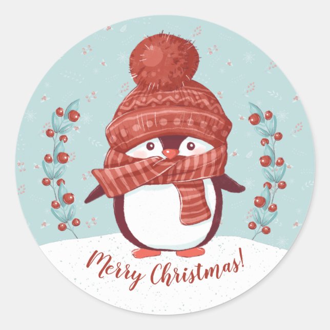 Pegatina Redonda Pinguino Adorable Feliz Navidad (Anverso)