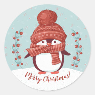 Pegatina Redonda Pinguino Adorable Feliz Navidad