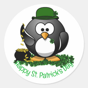 Pegatina Redonda Pingüino Afortunado del Día de San Patricio