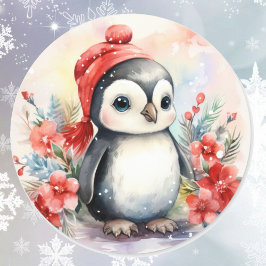 Pegatina Redonda Pingüino bebé en la cola de los Navidades