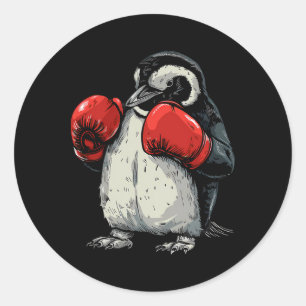 Pegatina Redonda Pingüino Boxeador Con Guantes De Boxeo Kickboxing