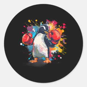 Pegatina Redonda Pingüino Boxeador Con Guantes De Boxeo Kickboxing