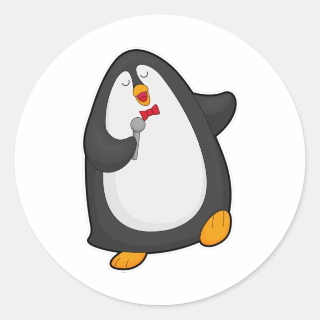 Pegatina Redonda Pingüino cantando con micrófono y corbata (Anverso)