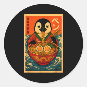 Pegatina Redonda Pingüino comiendo fideos japoneses Ramen divertido