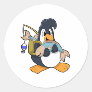Pegatina Redonda Pingüino como anglopardo con pescado