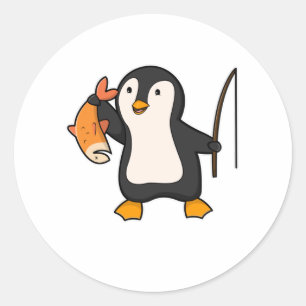 Pegatina Redonda Pingüino como anglopardo con pescado