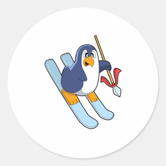 Pegatina Redonda Pingüino como esquiador con esquí (Anverso)