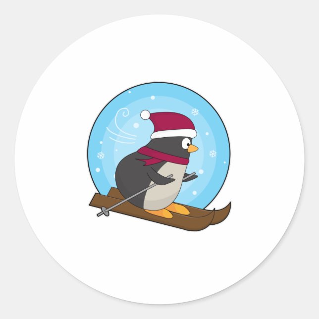 Pegatina Redonda Pingüino como esquiador con esquís (Anverso)