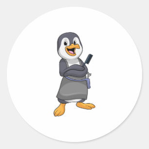 Pegatina Redonda Pingüino como estilista con peine