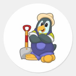 Pegatina Redonda Pingüino como granjero con pala