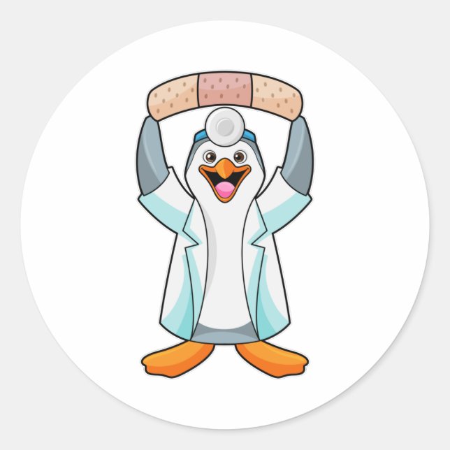 Pegatina Redonda Pingüino como Médica con yeso (Anverso)