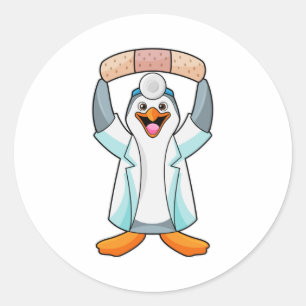 Pegatina Redonda Pingüino como Médica con yeso