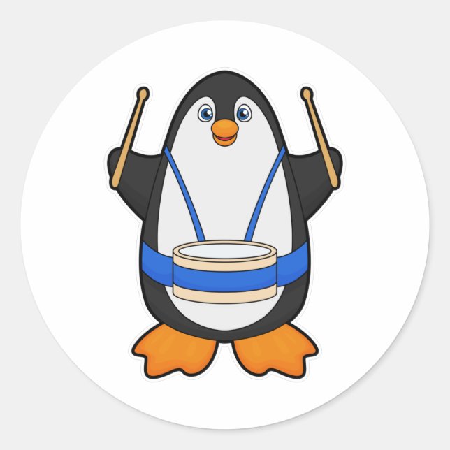 Pegatina Redonda Pingüino como músico con tambor (Anverso)