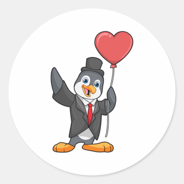 Pegatina Redonda Pingüino como novio con globo de corazón (Anverso)