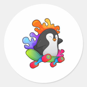 Pegatina Redonda Pingüino como patinador con patineta