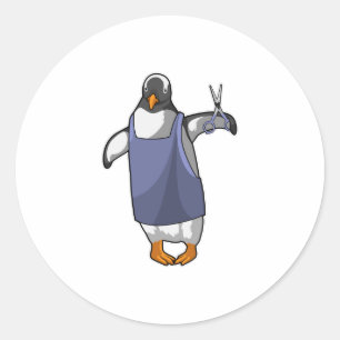 Pegatina Redonda Pingüino como peluquero con tijeras
