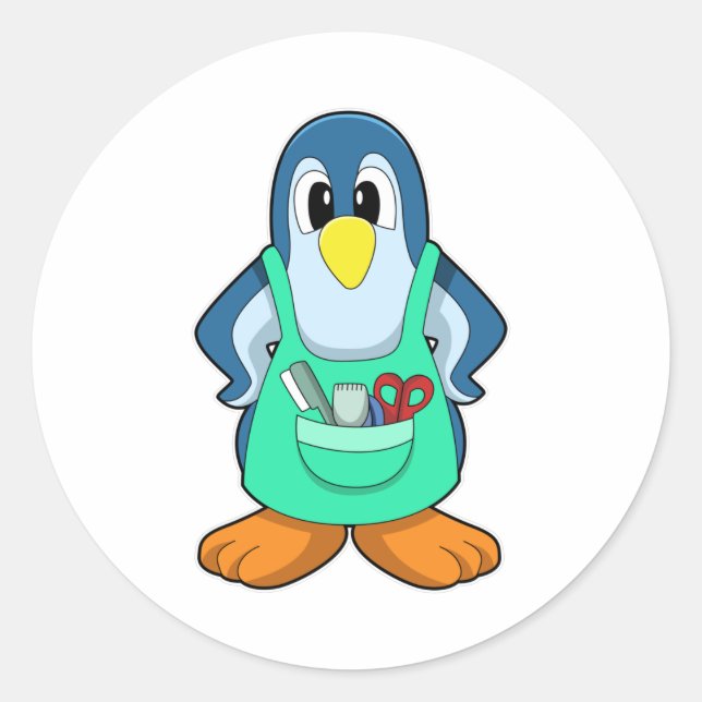 Pegatina Redonda Pingüino como peluquero con tijeras y Razor (Anverso)