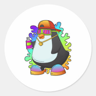 Pegatina Redonda Pingüino como pintor con rociado