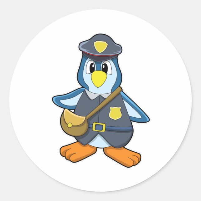Pegatina Redonda Pingüino como policía con bolso de mano (Anverso)