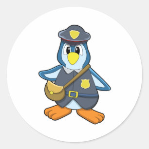 Pegatina Redonda Pingüino como policía con bolso de mano