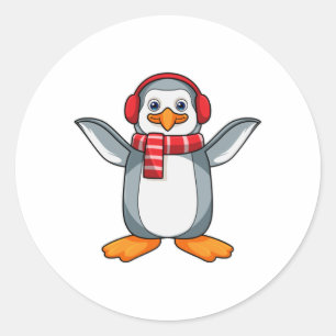 Pegatina Redonda Pingüino con bufanda y audífono