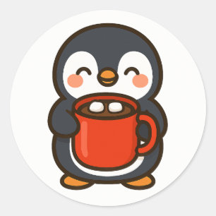 Pegatina Redonda Pingüino Con Cacao Caliente – Sticker De Animal Ad