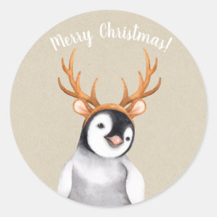 Pegatina Redonda Pingüino con cuernos de reno vacaciones de Navidad