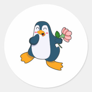 Pegatina Redonda Pingüino con flor rosa