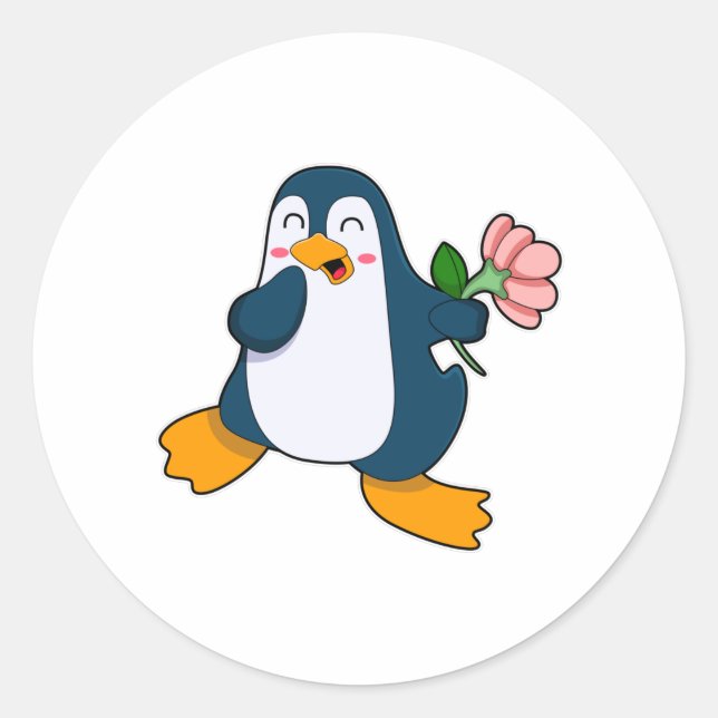 Pegatina Redonda Pingüino con flor rosa (Anverso)