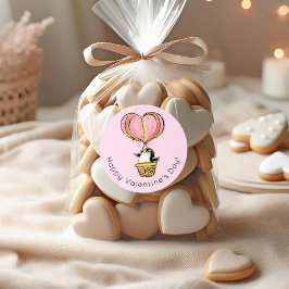 Pegatina Redonda Pingüino con globo aerostático feliz Día de San Va