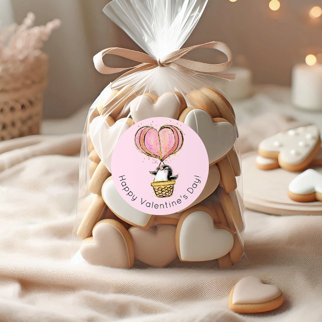 Pegatina Redonda Pingüino con globo aerostático feliz Día de San Va (Subido por el creador)