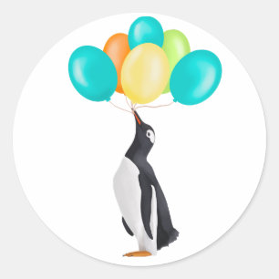 Pegatina Redonda Pingüino Con Globos Coloridos