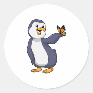 Pegatina Redonda Pingüino con mariposa