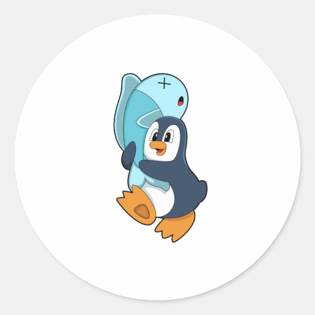 Pegatina Redonda Pingüino con pescado (Anverso)